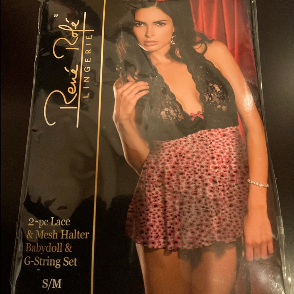2-piece Lace and Mesh Halter Babydoll and G-string set.
